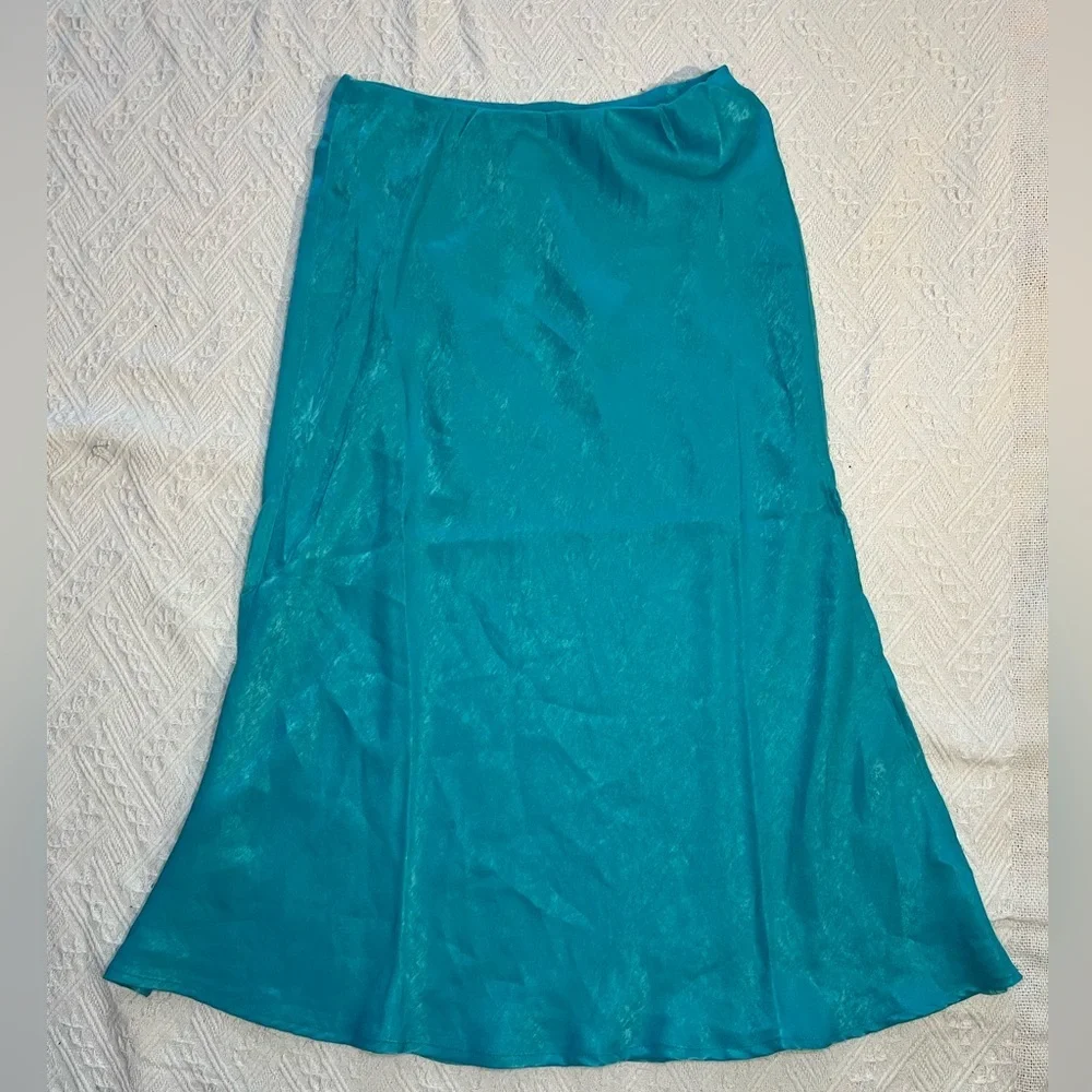 NWT Band of the Free Nida Satin Elastic Waist Midi Skirt turquoise mermaid sz S - Picture 2 of 7